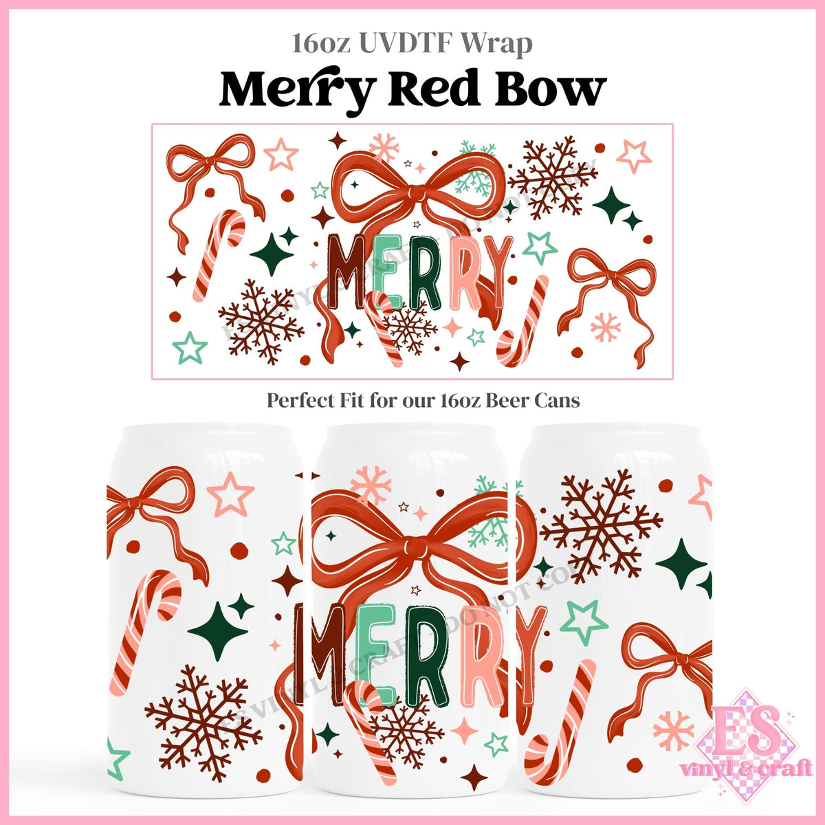Merry Red Bow - 16oz Beer Can / Libbey UVDTF Transfers