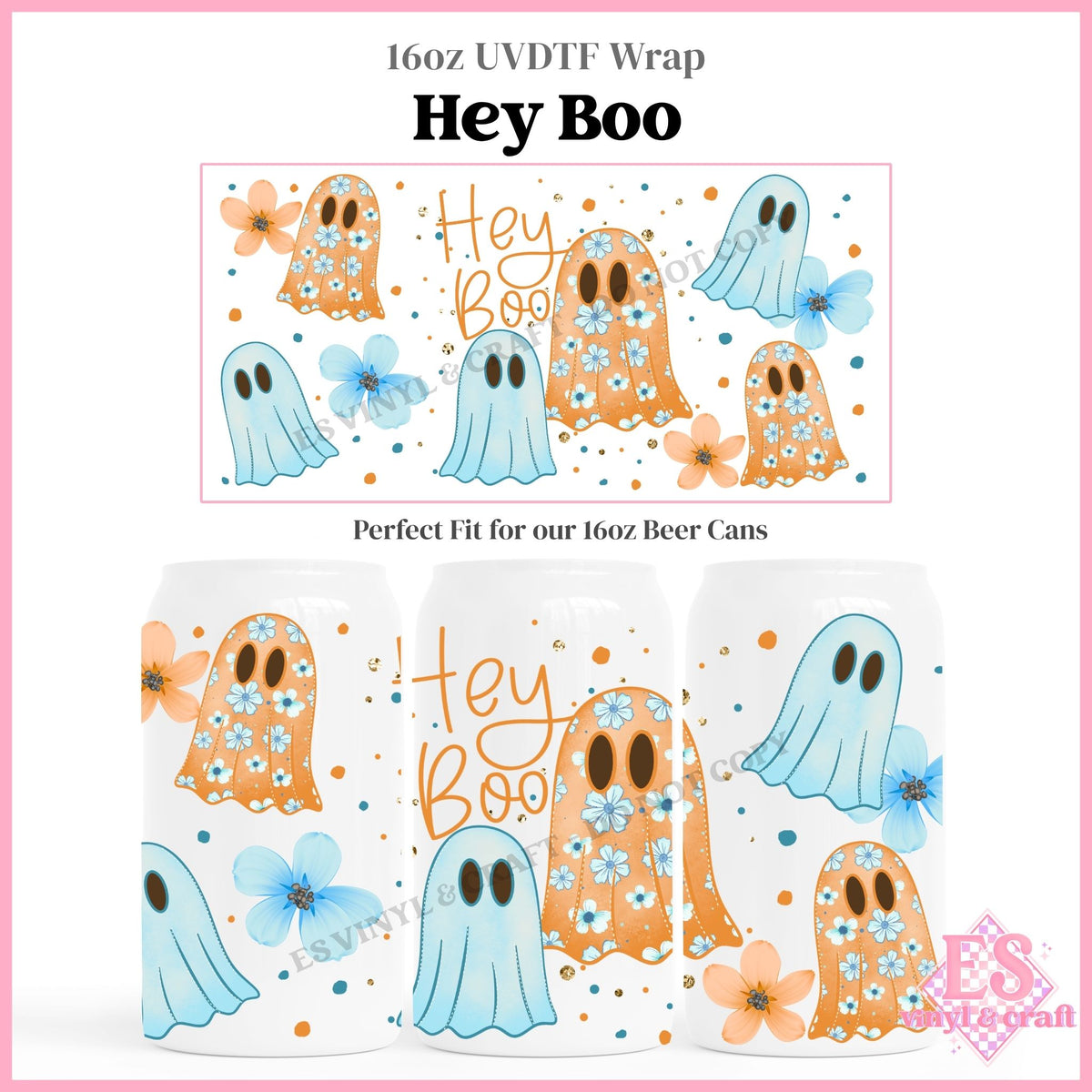 Hey Boo - 16oz Beer Can / Libbey UVDTF Transfers