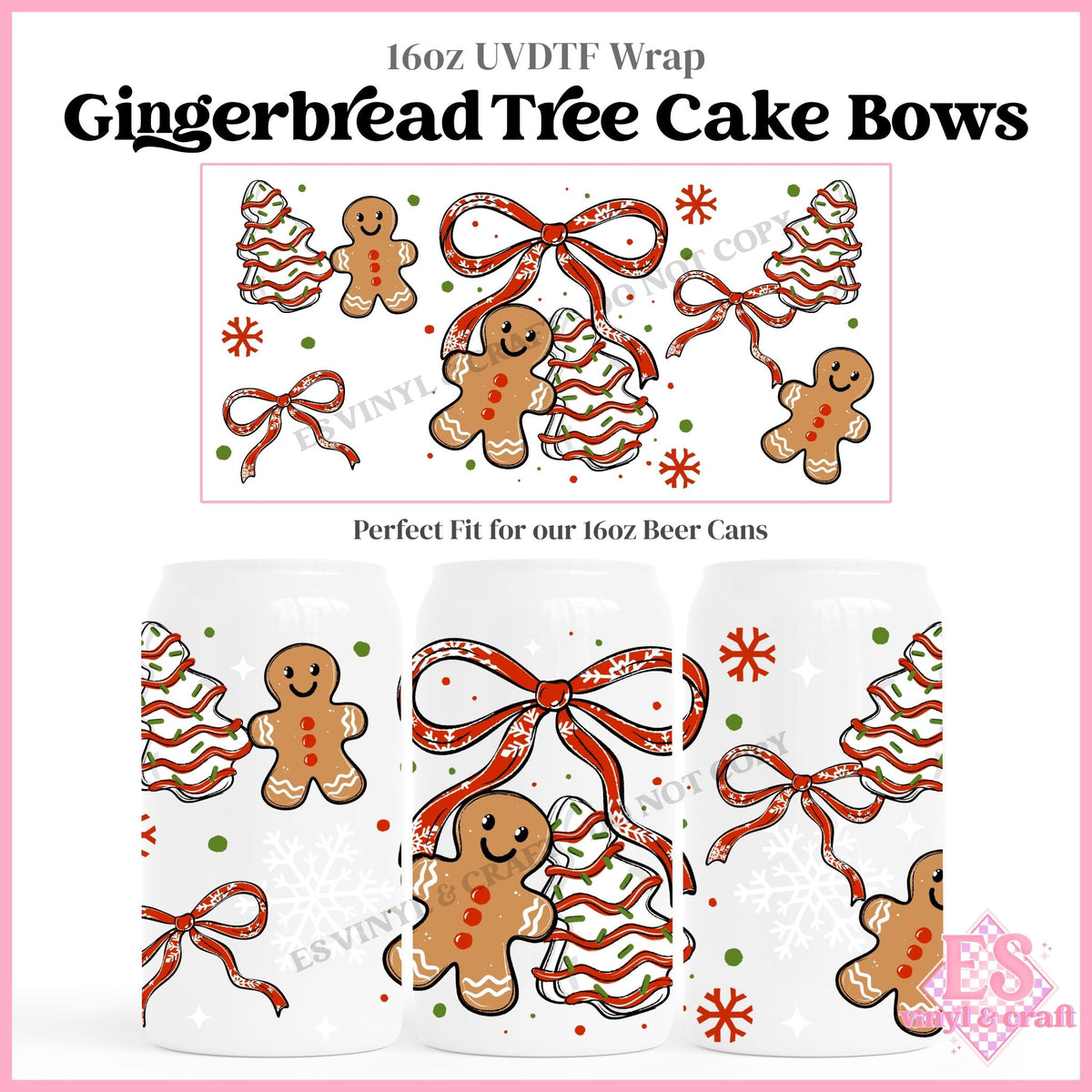 Gingerbread Tree Cake Bows - 16oz Beer Can / Libbey UVDTF Transfers