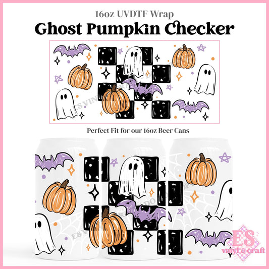 Ghost Pumpkin Checker - 16oz Beer Can / Libbey UVDTF Transfers