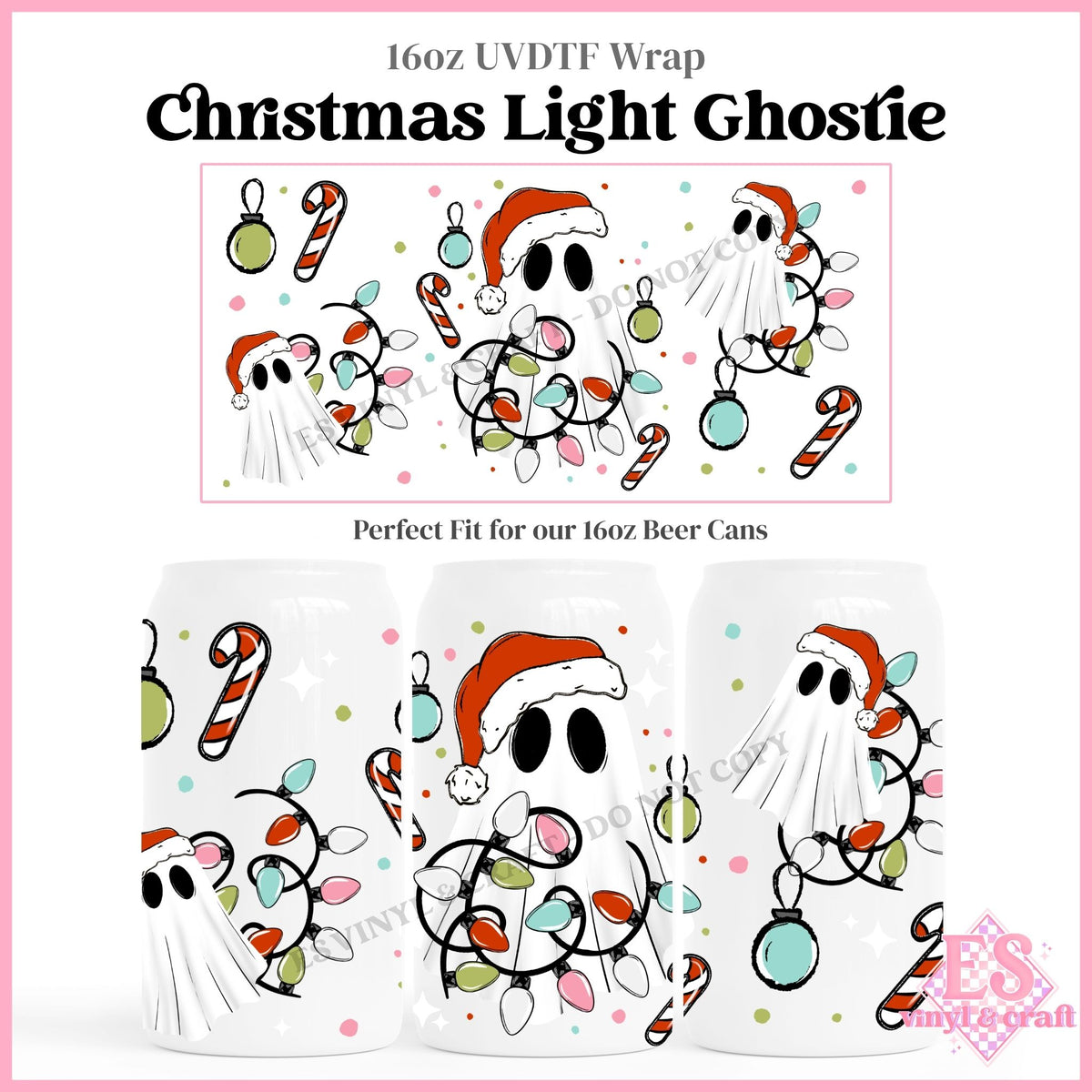 Christmas Light Ghostie - 16oz Beer Can / Libbey UVDTF Transfers