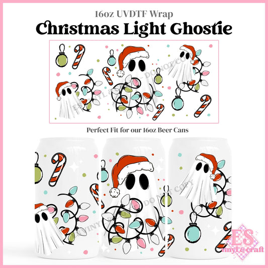 Christmas Light Ghostie - 16oz Beer Can / Libbey UVDTF Transfers