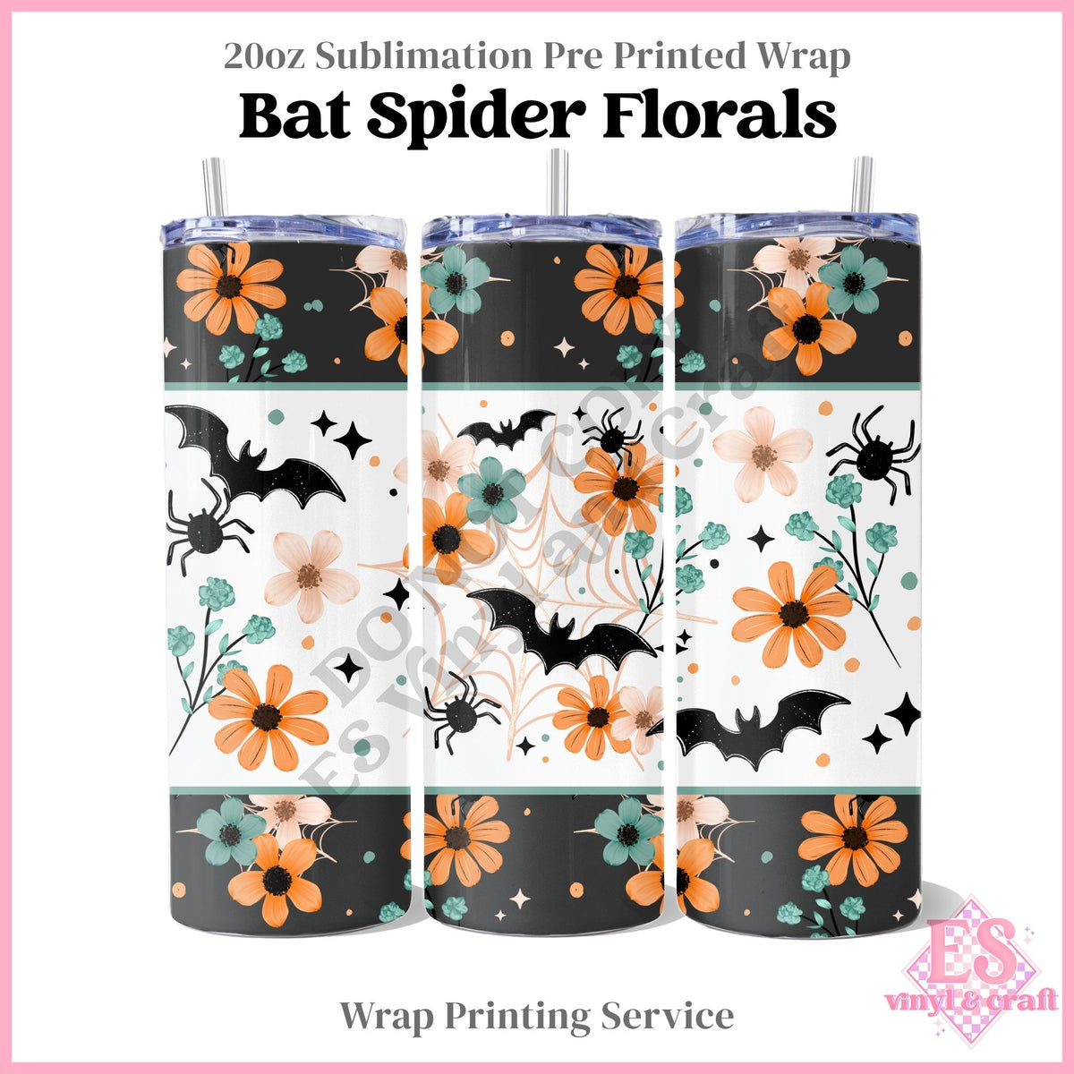 Bat Spider Florals - Full 20oz Tumbler Sublimation Print
