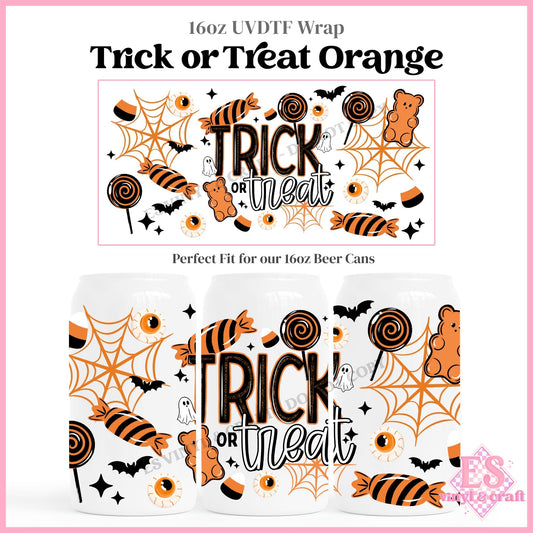 Trick or Treat Orange - 16oz Beer Can / Libbey UVDTF Transfers