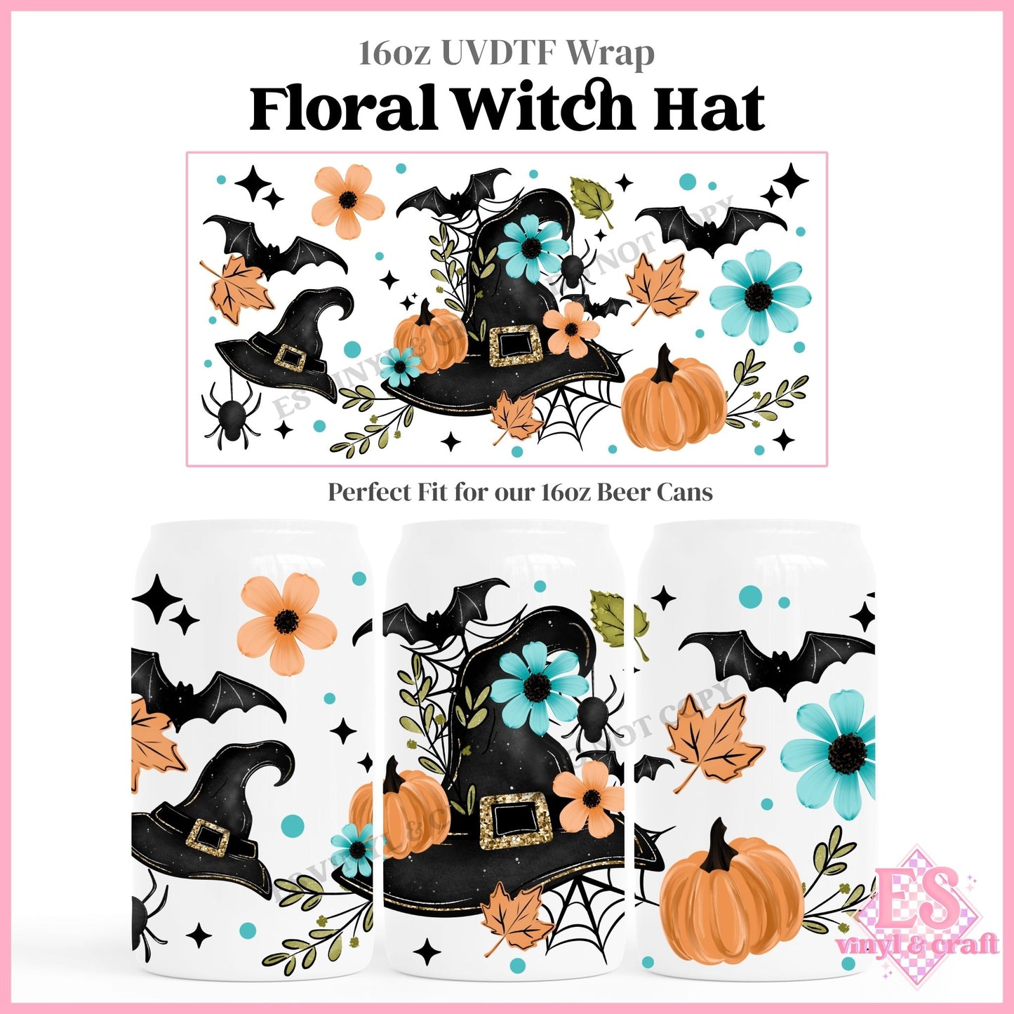 Floral Witch Hat - 16oz Beer Can / Libbey UVDTF Transfers