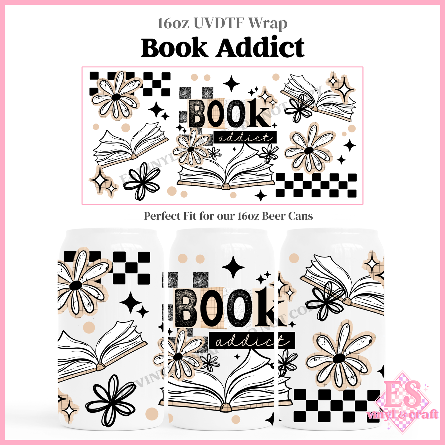 Book Addict - 16oz Beer Can / Libbey UV-DTF Transfer
