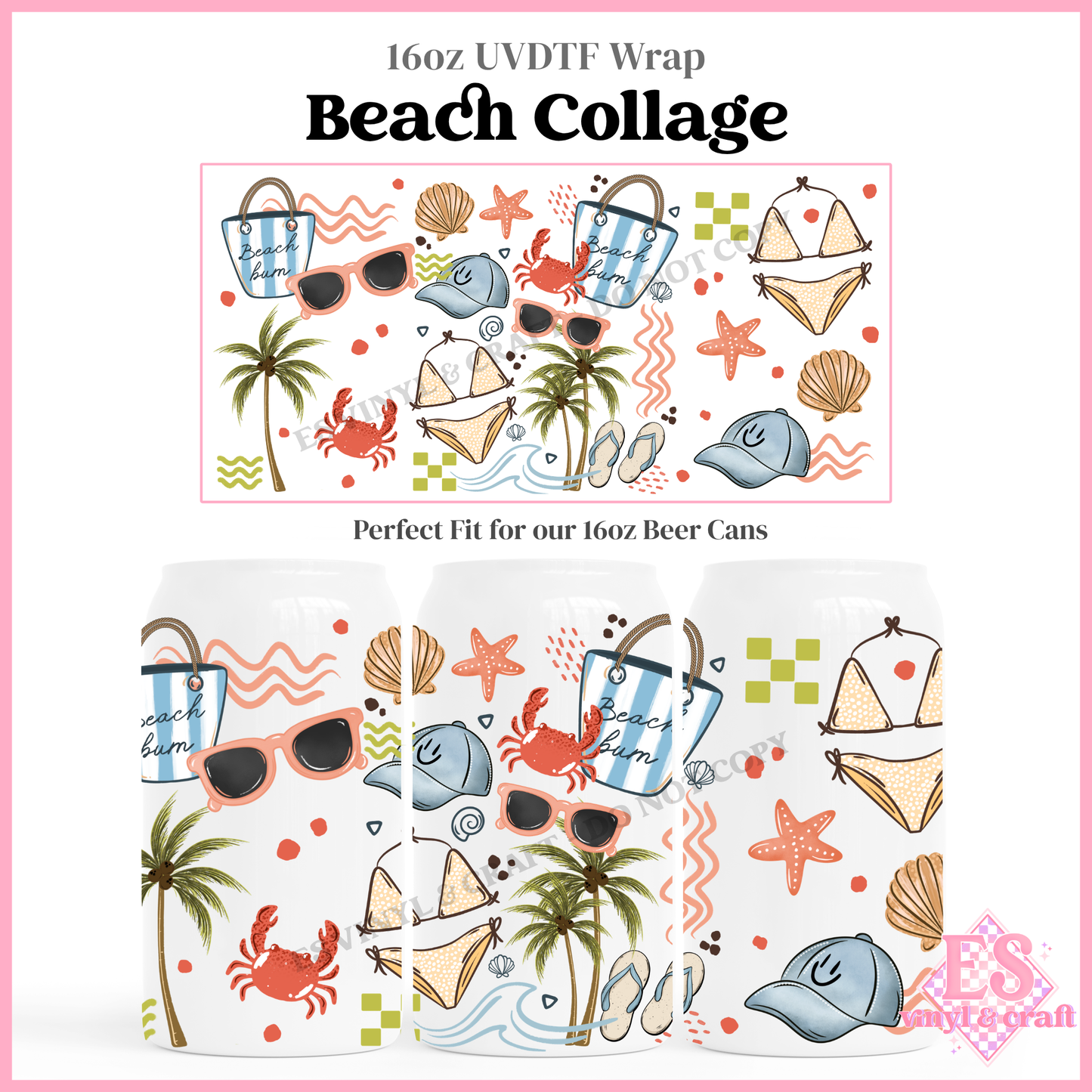 Beach Collage - 16oz Beer Can / Libbey UV-DTF Transfer