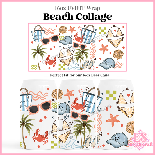 Beach Collage - 16oz Beer Can / Libbey UV-DTF Transfer