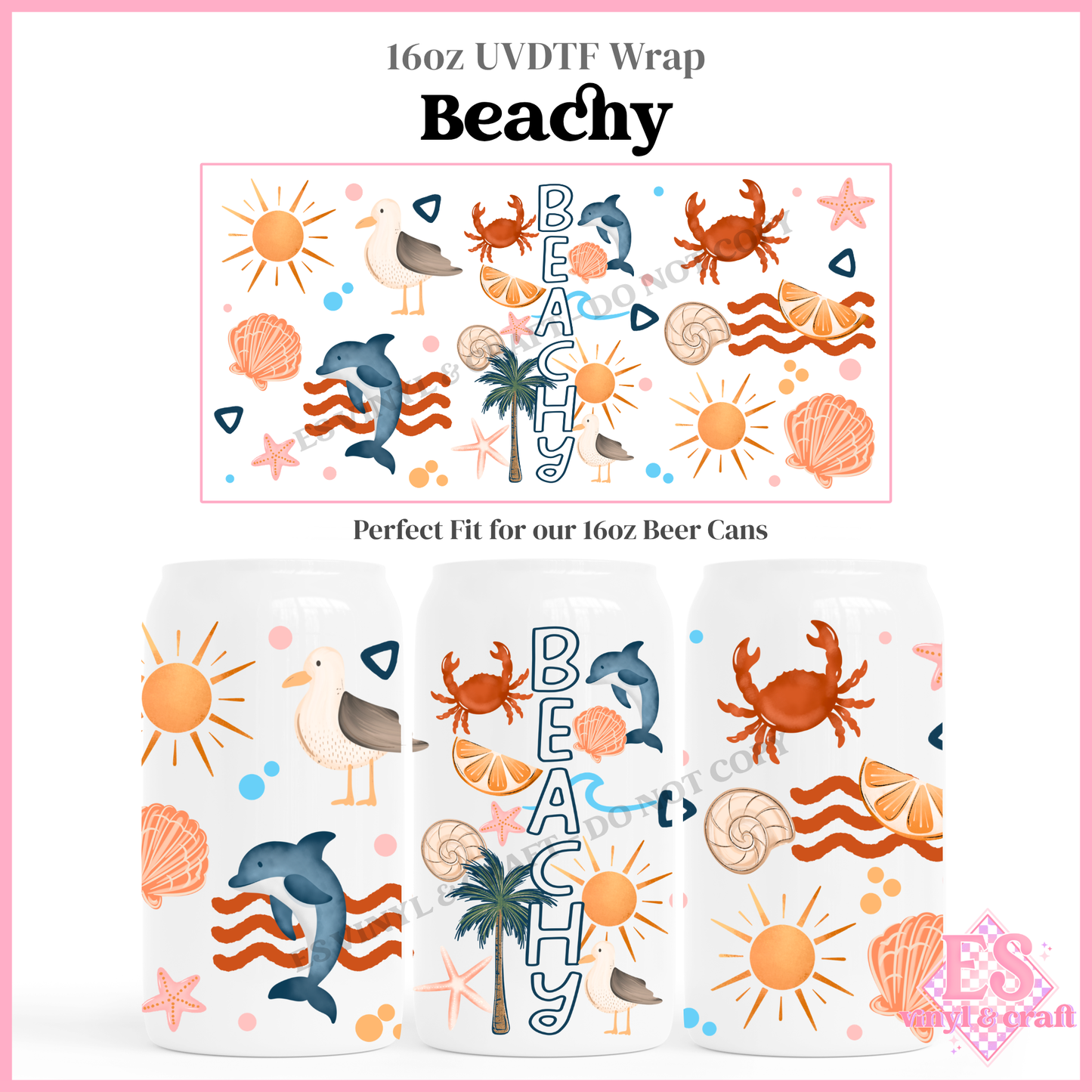 Beachy - 16oz Beer Can / Libbey UV-DTF Transfer