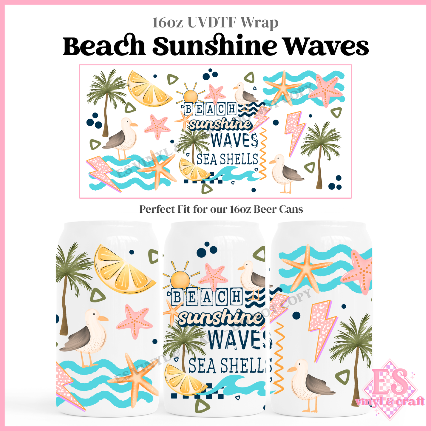 Beach Sunshine Waves - 16oz Beer Can / Libbey UV-DTF Transfer