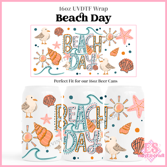 Beach Day - 16oz Beer Can / Libbey UV-DTF Transfer