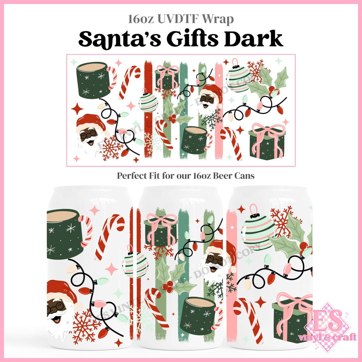 Santa's Gifts Dark - 16oz Beer Can / Libbey UVDTF Transfers