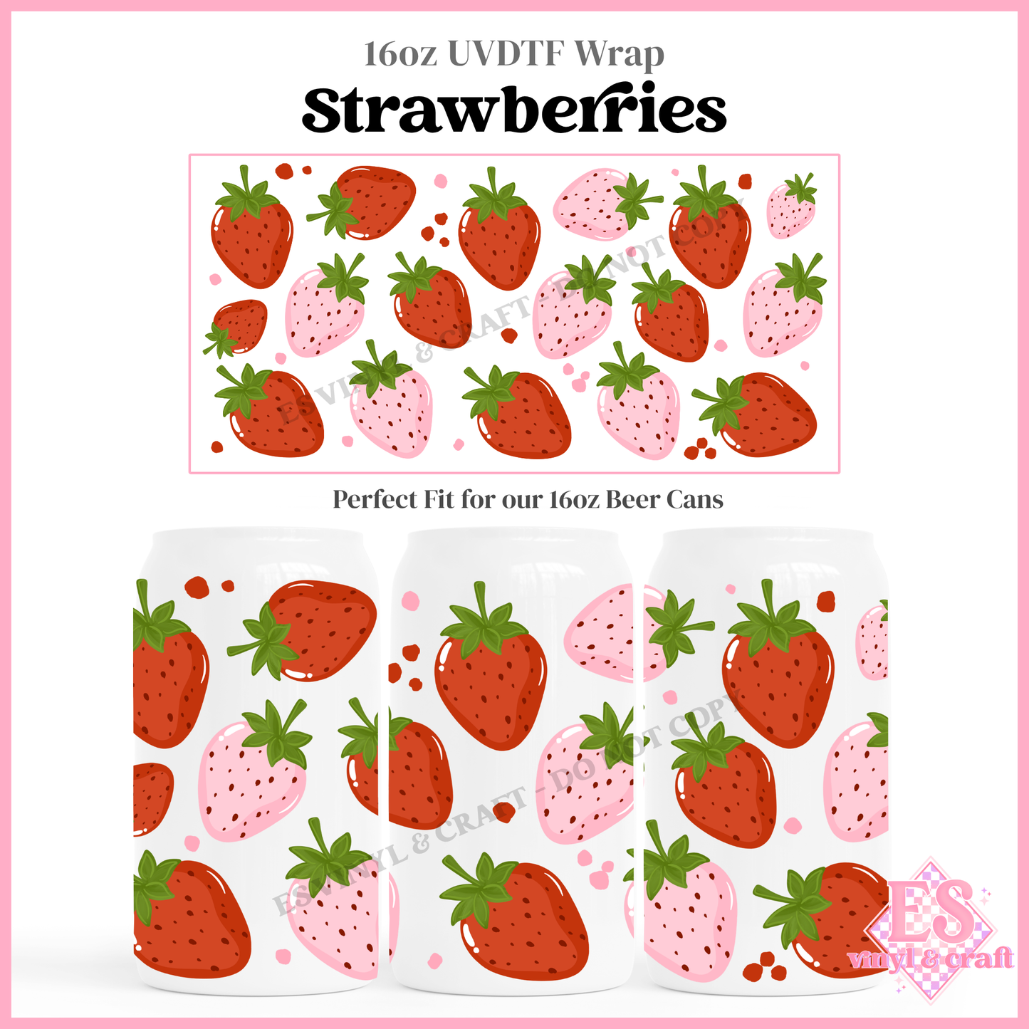 Strawberries - 16oz Beer Can / Libbey UV-DTF Transfer