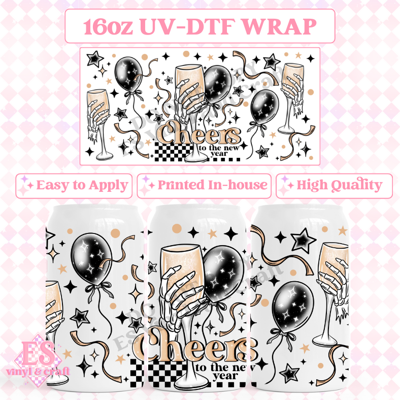Cheers to the New Year - 16oz Beer Can / Libbey UV-DTF Transfer image 0