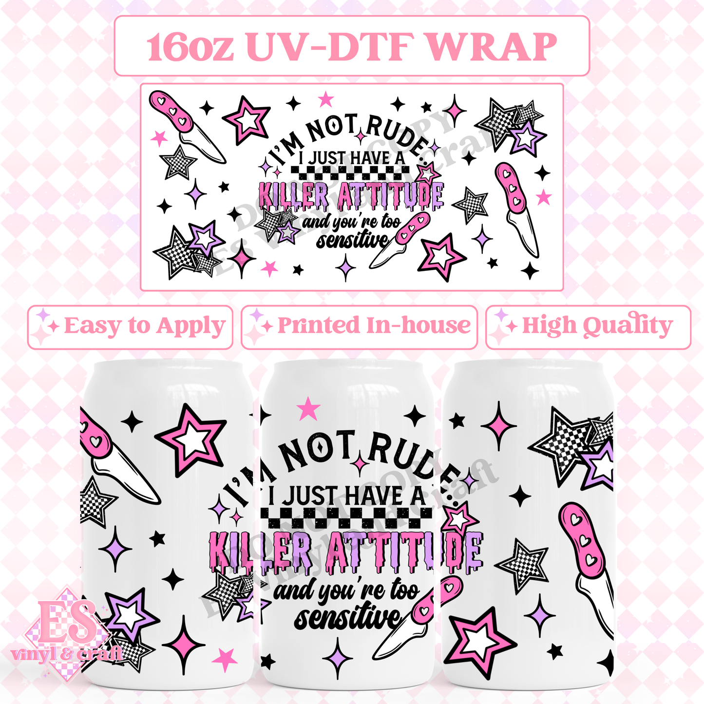 Killer Attitude - 16oz Beer Can / Libbey UV-DTF Transfer image 0