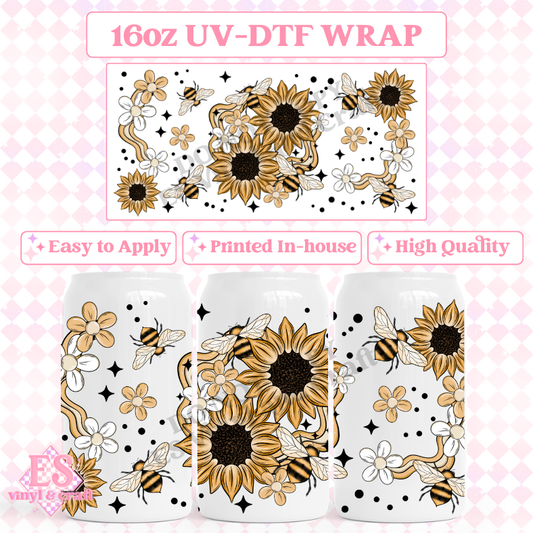 Sunflower Bee - 16oz Beer Can / Libbey UV-DTF Transfer image 0