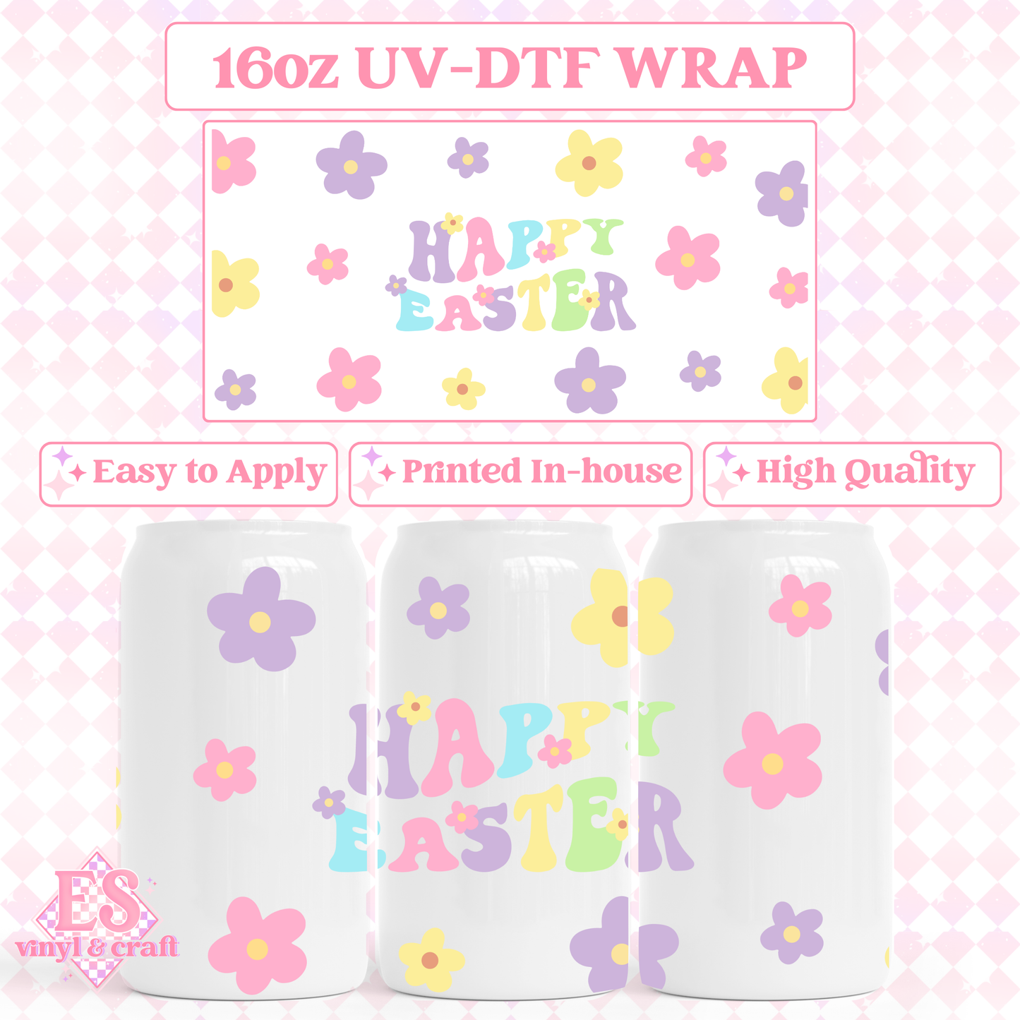 Happy Easter Flowers - 16oz Beer Can / Libbey UV-DTF Transfer image 0