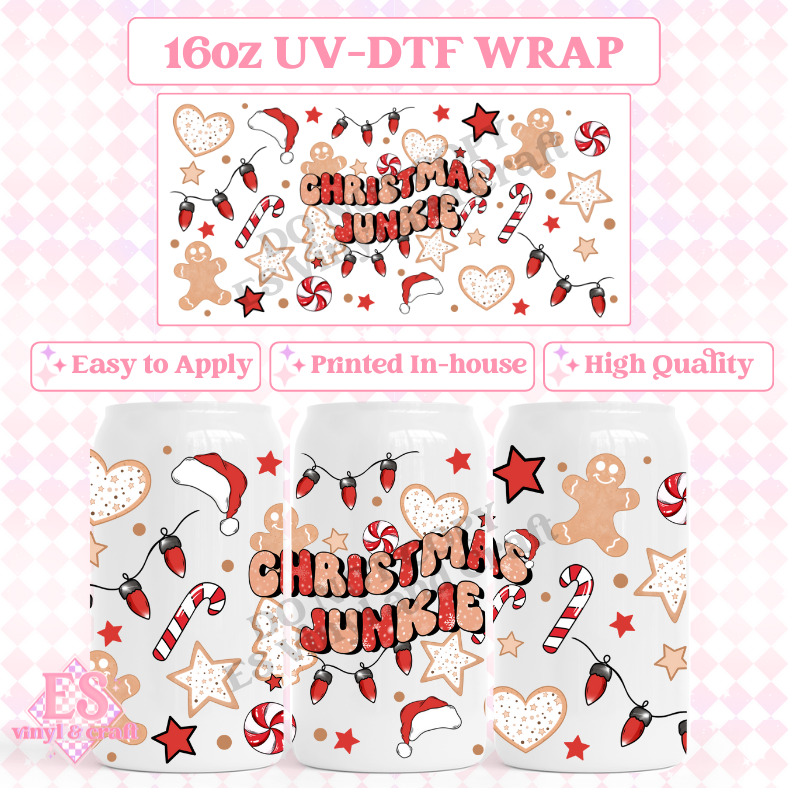 Christmas Junkie - 16oz Beer Can / Libbey UV-DTF image 0