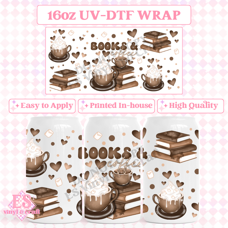 Books and Coffee - 16oz Beer Can / Libbey UV-DTF Transfer image 0