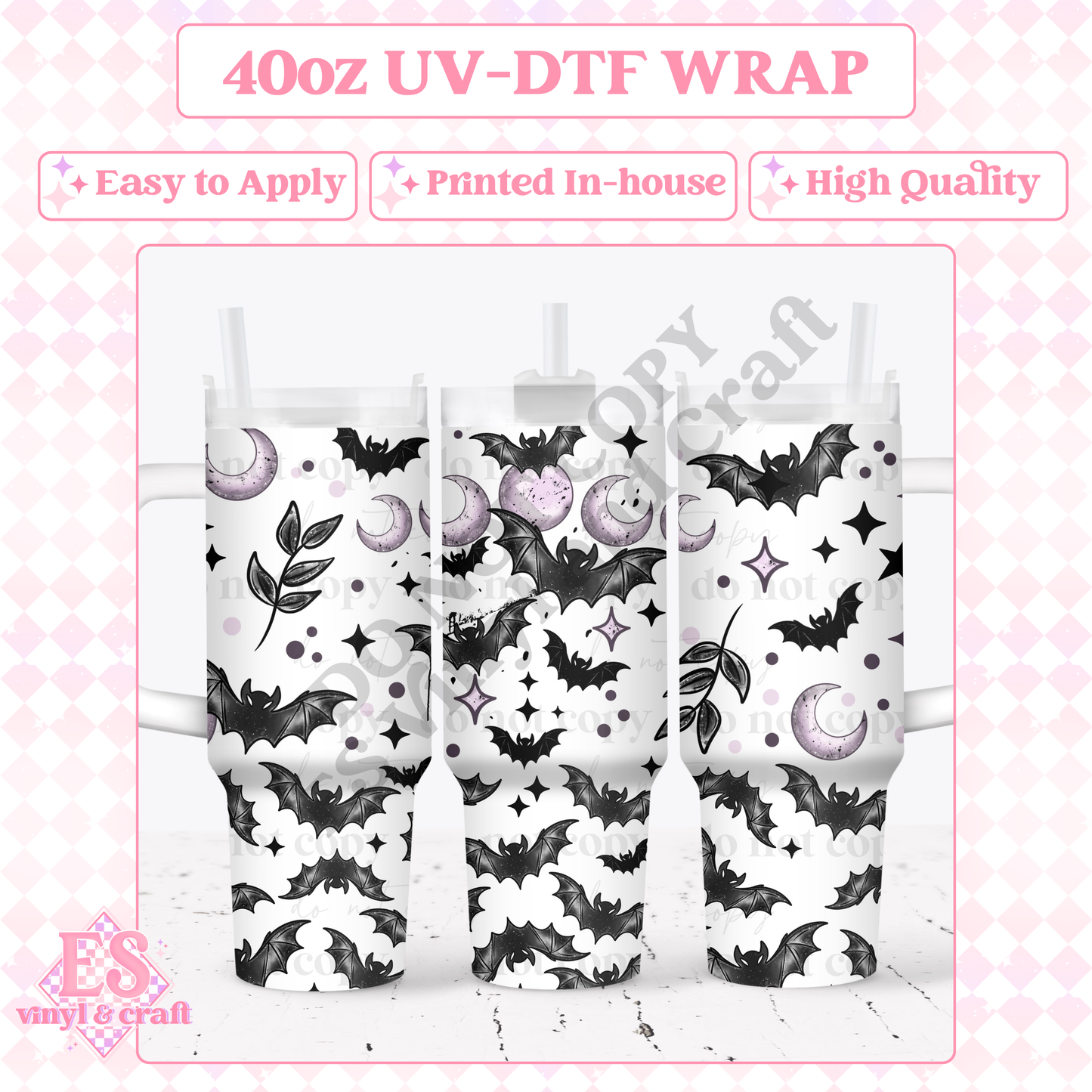 Bats and Moons - 40oz Tumbler Wraps - UV-DTF (2 Wraps - Top an image 0