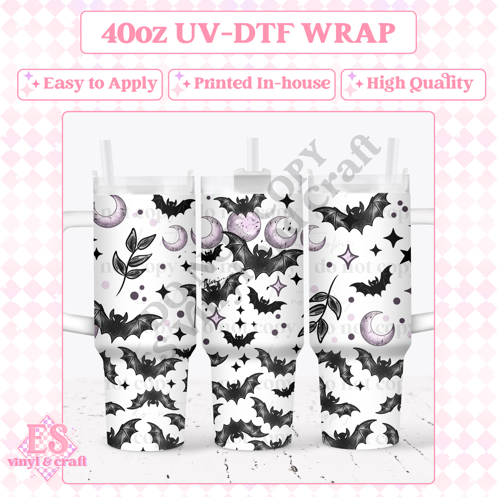 Bats and Moons - 40oz Tumbler Wraps - UV-DTF (2 Wraps - Top an image 0