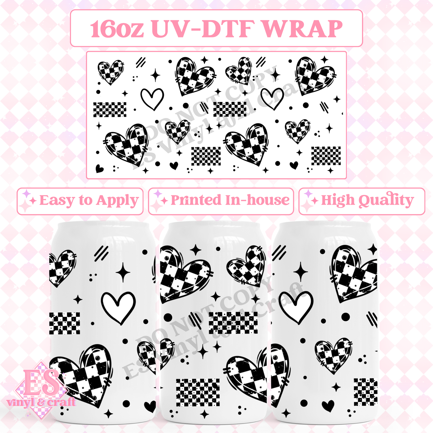 Checker Hearts (Black Accent) - 16oz Beer Can / Libbey UV-DTF Transfer image 0
