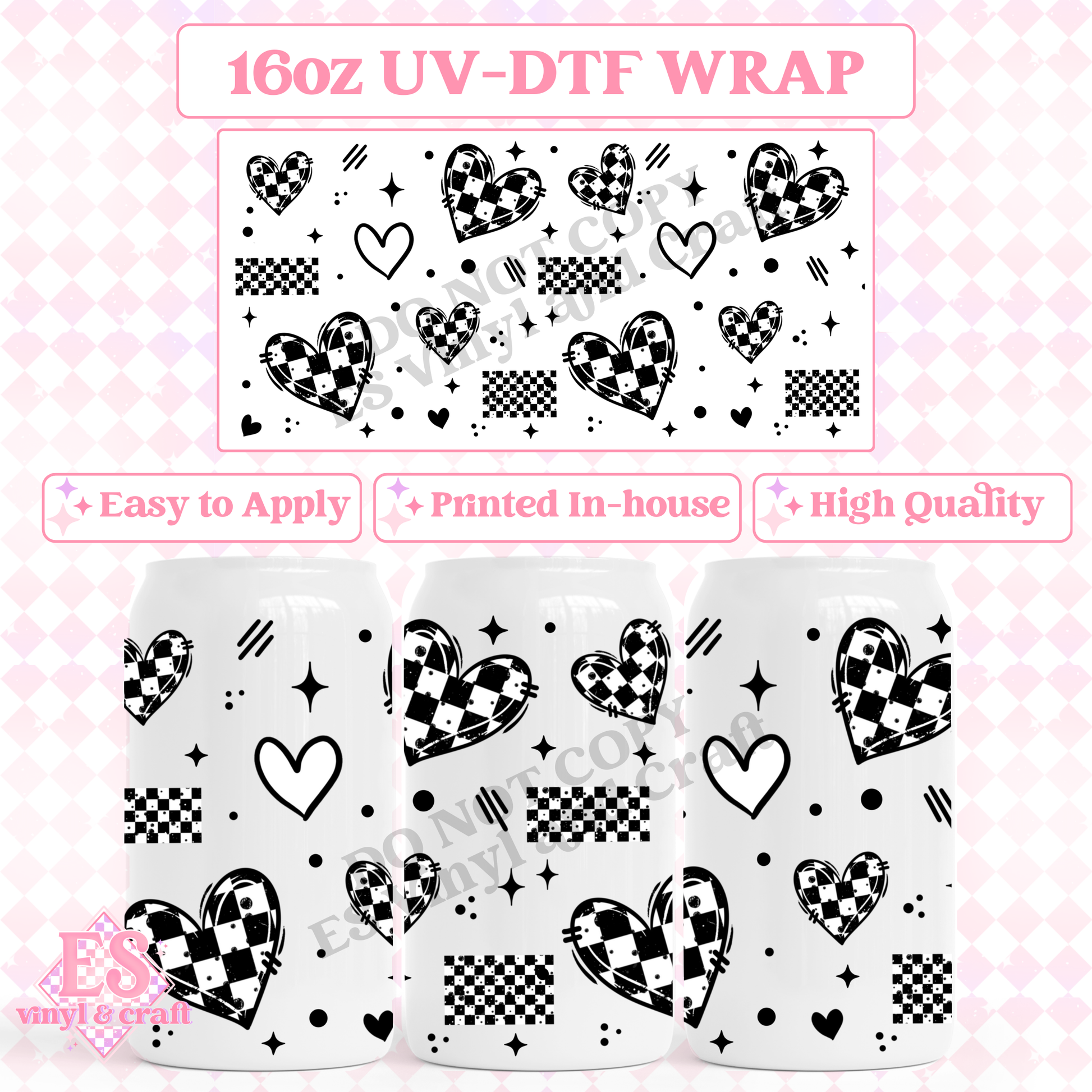 Checker Hearts (Black Accent) - 16oz Beer Can / Libbey UV-DTF Transfer image 0