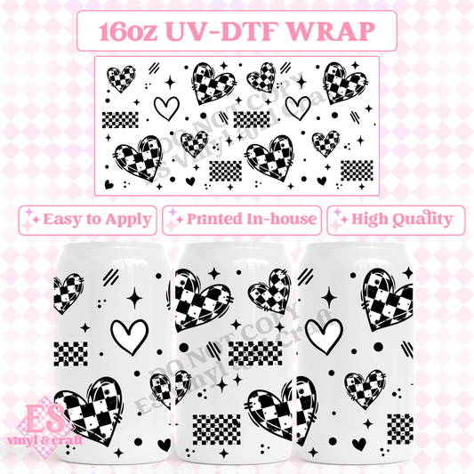 Checker Hearts (Black Accent) - 16oz Beer Can / Libbey UV-DTF Transfer image 0