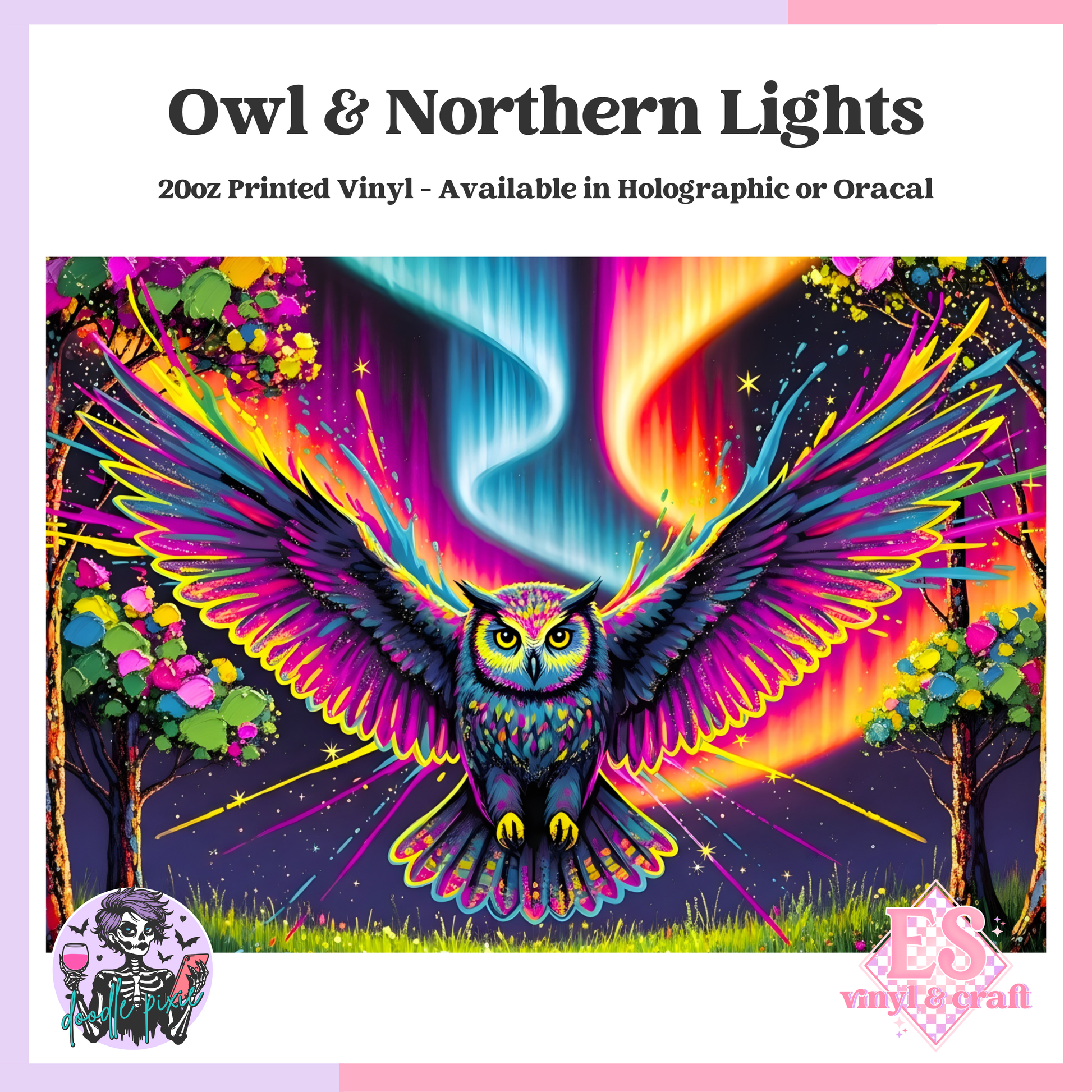 Owl and Northern Lights - 20oz Printed Tumbler Self Adhesive Vinyl image 0