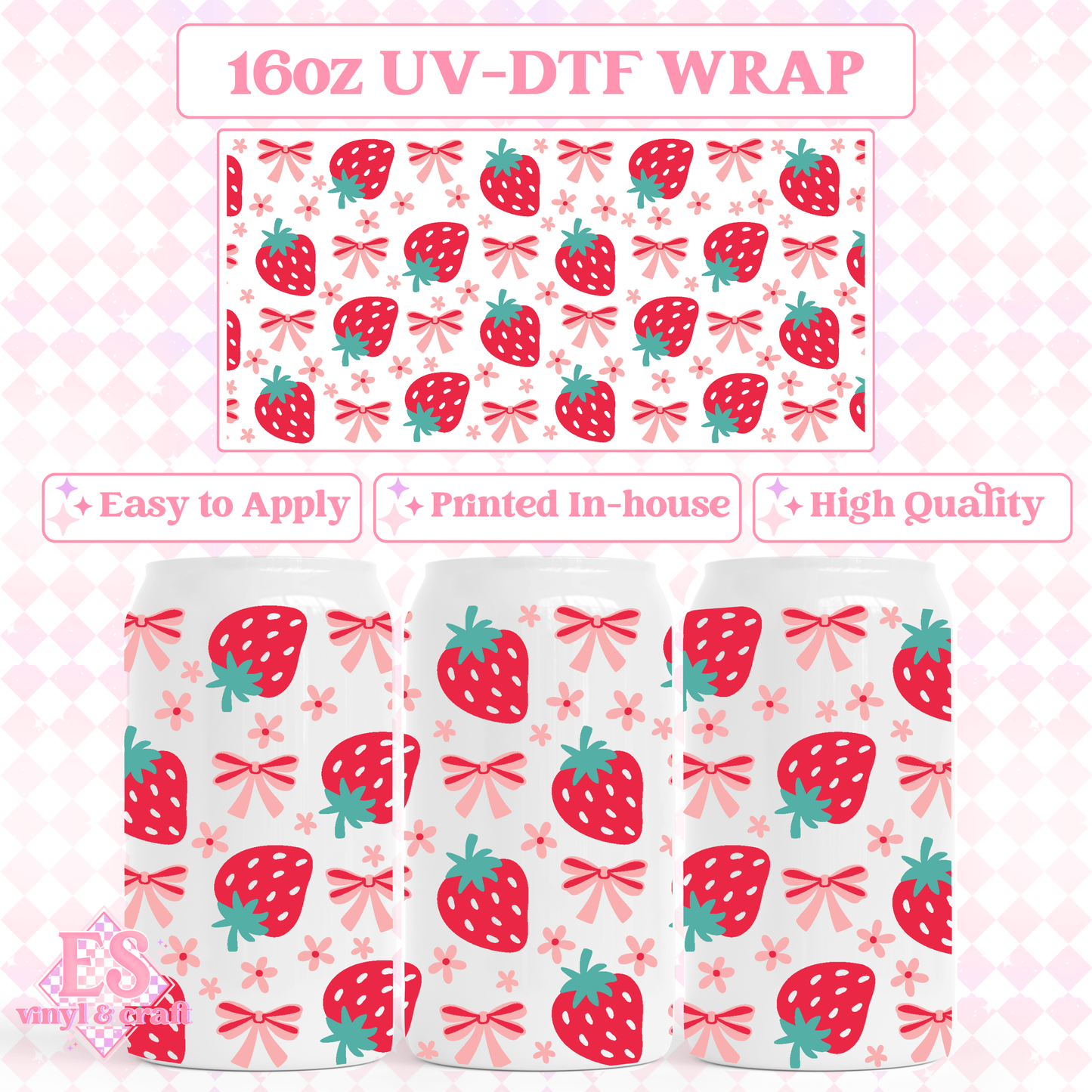 Strawberries and Bows - 16oz Beer Can / Libbey UV-DTF Transfer image 0