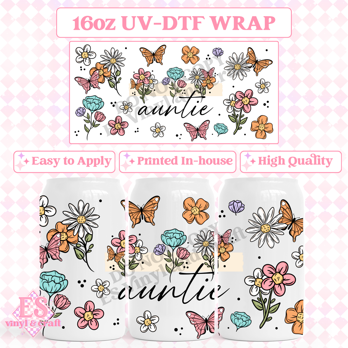 Auntie or Aunt - 16oz Beer Can / Libbey UV-DTF Transfer image 0