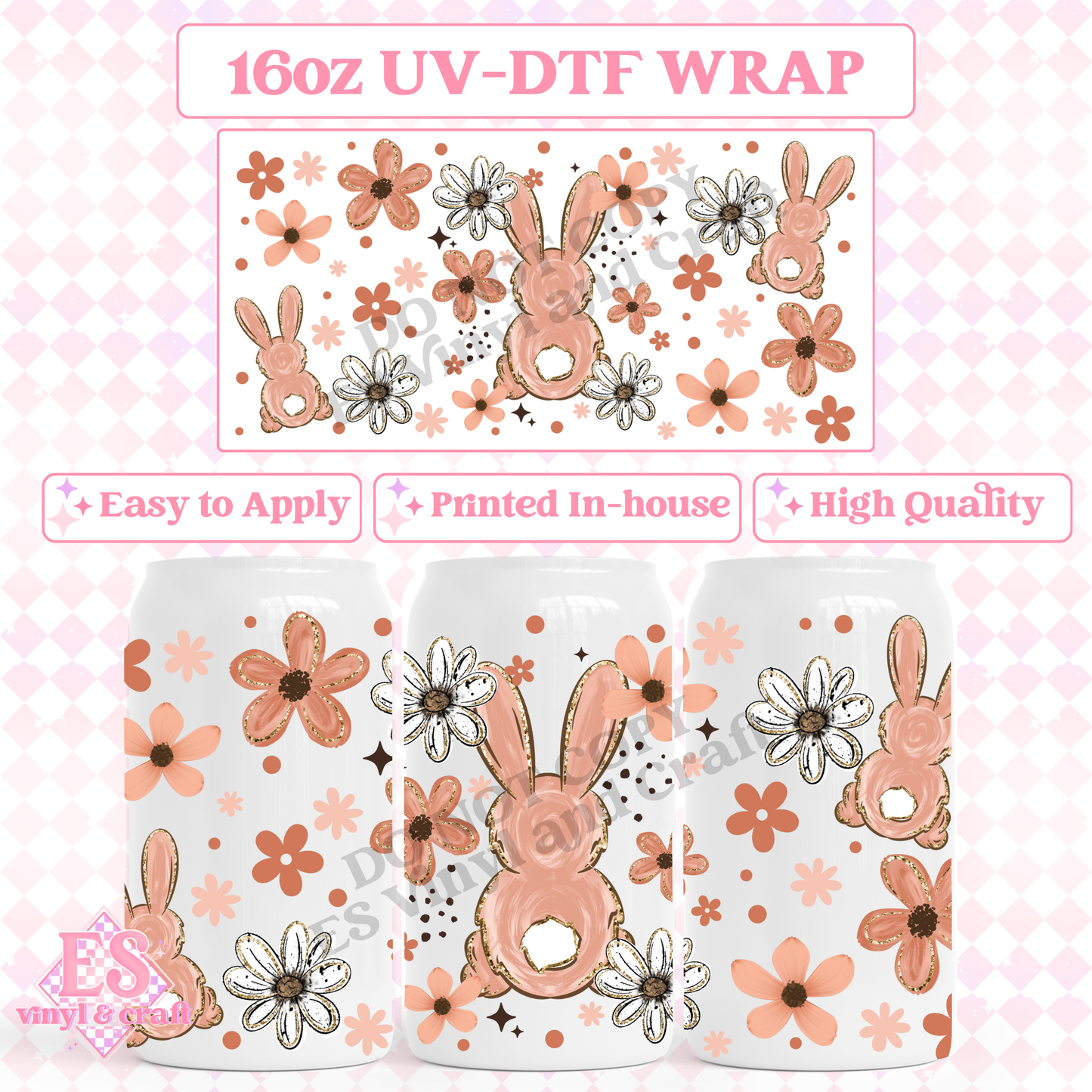 Blush Floral Bunny - 16oz Beer Can / Libbey UV-DTF image 0