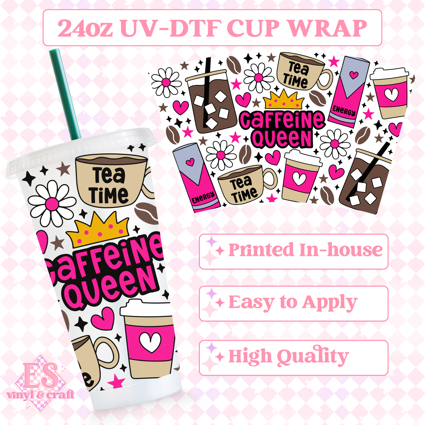 Caffeine Queen - UVDTF 24oz Cold Cup Wrap image 0