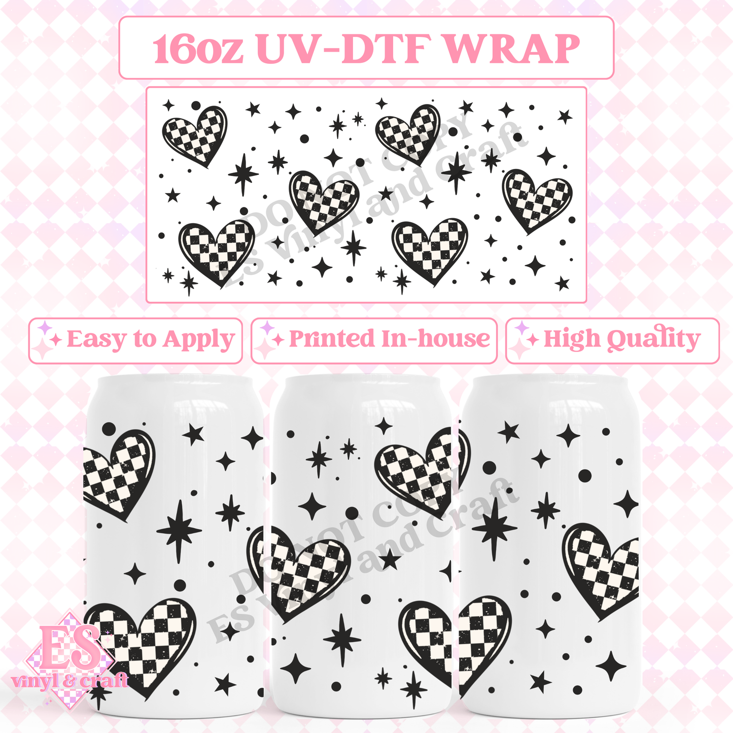 Black Chequer Hearts - 16oz Beer Can / Libbey UV-DTF Transfer image 0