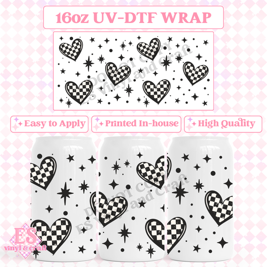 Black Chequer Hearts - 16oz Beer Can / Libbey UV-DTF Transfer image 0