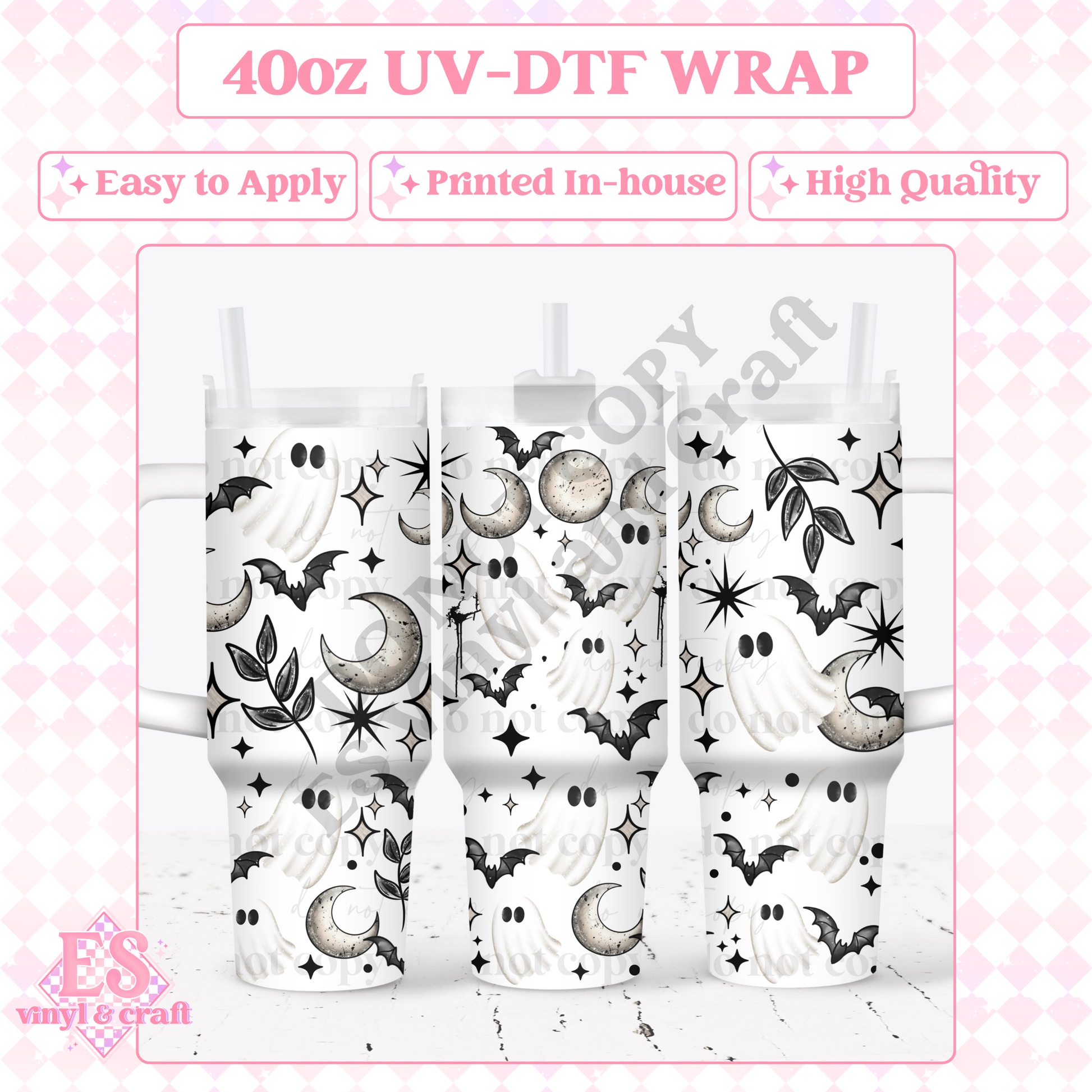 Ghost and Moons - 40oz Tumbler Wraps - UV-DTF (2 Wraps - Top & Bottom) image 0