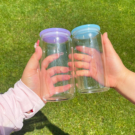 16oz Clear Beer Cans with Plastic Coloured Lid and Plastic Straw