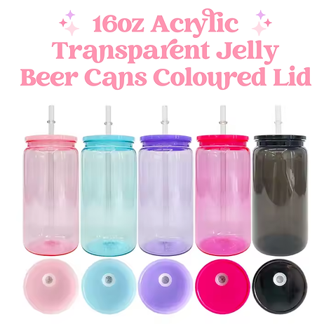 16oz Transparent Acrylic Coloured Plastic Beer Can with Plastic Lid and Straw