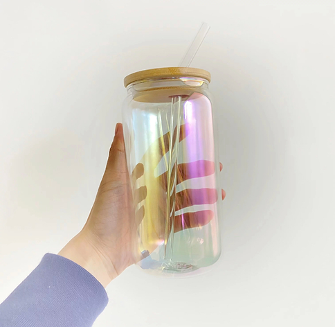Rainbow / Iridescent Clear Beer Can with Bamboo Lid & Straw