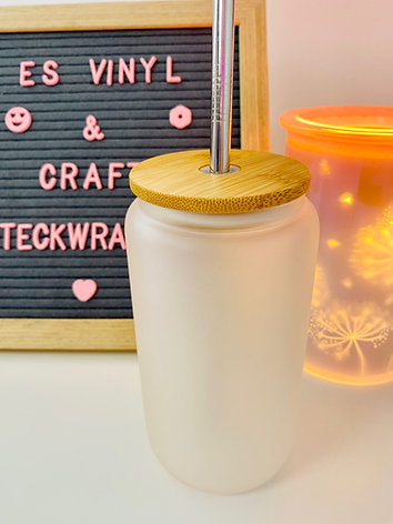 Bamboo Frosted Beer Can Glasses 16oz - Vinyl or UVDTF Plastic Straw