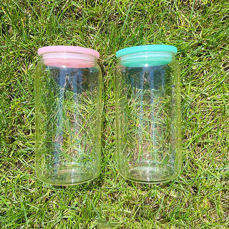 16oz Clear Beer Cans with Plastic Coloured Lid and Plastic Straw