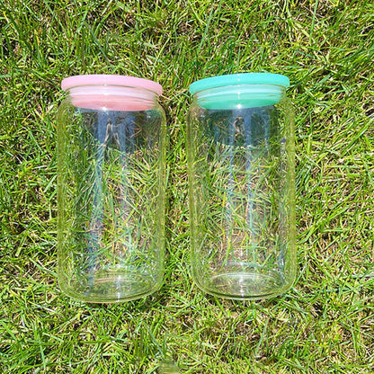 16oz Clear Beer Cans with Plastic Coloured Lid and Plastic Straw