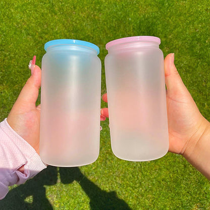 16oz Frosted Beer Cans with Plastic Coloured Lid and Plastic Straw
