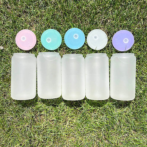 16oz Frosted Beer Cans with Plastic Coloured Lid and Plastic Straw