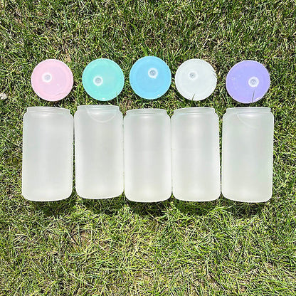 16oz Frosted Beer Cans with Plastic Coloured Lid and Plastic Straw