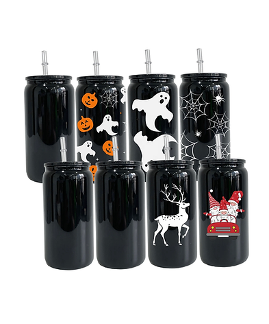 16oz Black Beer Cans with Plastic Coloured Lid and Plastic Straw