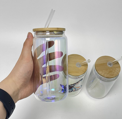 Rainbow / Iridescent Clear Beer Can with Bamboo Lid & Straw