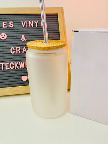 Bamboo Frosted Beer Can Glasses 16oz - Vinyl or UVDTF Plastic Straw