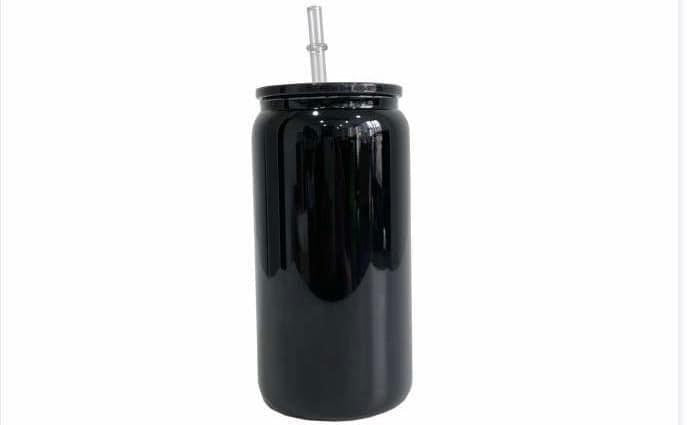 16oz Black Beer Cans with Plastic Coloured Lid and Plastic Straw