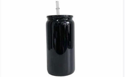 16oz Black Beer Cans with Plastic Coloured Lid and Plastic Straw